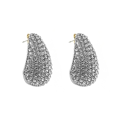 Crystal Alloy Rhinestone Stud Earring, Teardrop, Golden, Crystal, 32x18mm