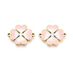 Pink 304 Звенья из нержавеющей стали с эмалированным сердечком и клевером, ионное покрытие (ip), реальный 18 k позолоченный, розовые, 20x16x2 мм, отверстие : 1.4 мм