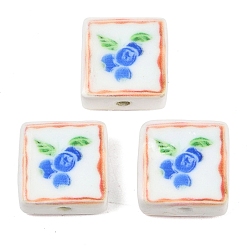 Королевский синий Печатные ручной фарфоровые бусы, площадь с цветочным узором, королевский синий, 15~15.5x15~15.5x7.5~8 мм, отверстие : 2 мм