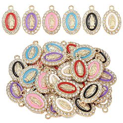 Mixed Color 30Pcs 6 Colors Alloy Enamel Pendants, with Rhinestone, Light Gold, Oval with Saint Charms, Mixed Color, 20.5x13x2.5mm, Hole: 1.8mm, 5pcs/color