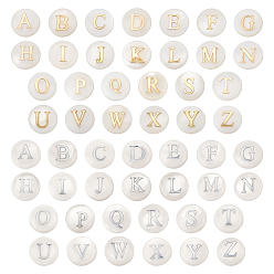 Letter A~Z Естественных пресноводных стеклянные бусы, с металлическими элементами из травленой латуни, горизонтальное отверстие, плоско-круглые с алфавитами , цвет морской раковины, золотые и серебряные цвета, Письмо ~ Z, 8x3~5 мм, отверстие : 0.5~0.7 мм, 1 шт / стиль
