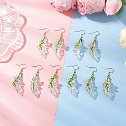 (52) Непрозрачная лаванда Серьги-подвески из стеклянных бусин ручной работы, с акриловой, золотые, ветка цветка лилии, разноцветные, 62x14~20 мм