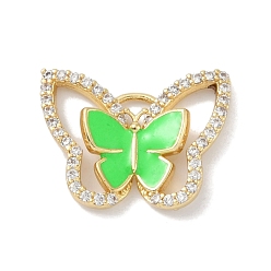 Lime Rack Plating Brass Micro Pave Clear Cubic Zirconia Pendants, with Enamel, Long-Lasting Plated, Lead Free & Cadmium Free, Real 18K Gold Plated, Butterfky, Lime, 15x19.5x3mm, Hole: 1.4mm