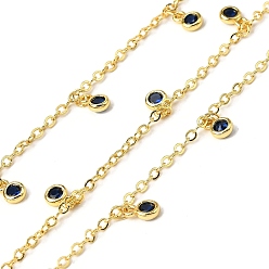 Прусский Синий Латунные циркониевые кабельные цепи, с плоскими круглыми прелести, без свинца и без кадмия, долговечный, стойки покрытие, пайки, с катушкой, реальный 18 k позолоченный, берлинская лазурь, 9.5 мм