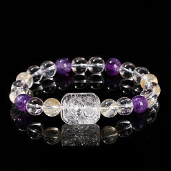 Хрусталь Браслеты из натуральных круглых бусин из кварца, аметиста и каприна, прямоугольные, внутренний диаметр: 2-1/8 дюйм (5.5 см)