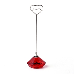 Red Diamond Shape Glass Name Card Holder, Wedding Table Number Card Holders, with Iron Findings, Heart, Red, 130mm