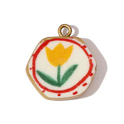 Желтый 304 подвески из нержавеющей стали и фарфора, плоские круглые с цветком, ионное покрытие (ip), реальный 18 k позолоченный, желтые, 23x20 мм