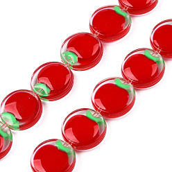 Red Transparent Acrylic Beads Strands, with Enamel, Flat Round with Apple, Red, 15x5mm, Hole: 1.2mm, about 35pcs/strand, 20.67 inch(52.5cm)