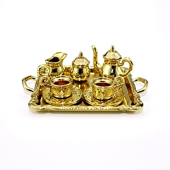 Золотой Винтажный мини чайный сервиз из сплава, включая 1 чайник, 1 сахарница, 1 кувшин для сливок, 2 чашки, 2 блюдца, 1 держатель лотка, притворяясь опорными украшениями, золотые, 67x48x7.5 мм, 8 шт / комплект