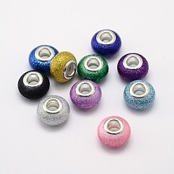 Mixed Color Glitter Powder Handmade Lampwork Large Hole Rondelle European Beads, with Double Silver Color Plated Brass Cores, Mixed Color, 14x9mm, Hole: 4.5~5mm