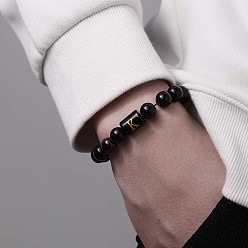 Letter A Регулируемые плетеные браслеты из натурального тигрового глаза и стеклянных бусин для мужчин и женщин, столбец с письмом, чёрные, буква a, 6-1/4~10-1/4 дюйм (16~26 см)