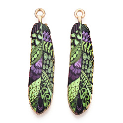 Желто-Зеленый Стойки подвески обшивки сплава, напечатанный, без свинца, без кадмии и без никеля, очарование перьев, золотой свет, желто-зеленый, 38x9x1.5 мм, отверстие : 1.8 мм