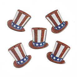 Sienna American Flag Theme Single Face Printed Aspen Wood Pendants, Tall Top Hat Charm, Sienna, 39.5x34.5x2.5mm, Hole: 1.8mm