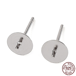 Real Platinum Plated Rhodium Plated 925 Sterling Silver Stud Earring Findings, Flat Pad, for Half Drilled Bead, with S925 Stamp, Real Platinum Plated, 12.5x6mm, Pin: 0.7mm