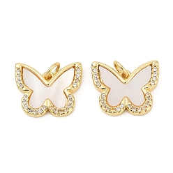 Настоящее золото 18K Латунные микро проложить кубического циркония подвески, бабочки прелести, с раковиной и прыгать кольцо, без кадмия и без свинца, прочное покрытие, стойки покрытие, реальный 18 k позолоченный, 13.5x16x2 мм, отверстие : 3.5 мм