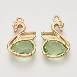 Light Gold Eco-Friendly Alloy Pendants, with Faceted Glass, Nickel Free, Swan, Light Green, Light Gold, 20x12.5x4mm, Hole: 1.5mm