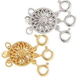 Real Gold Plated & Real Platinum Plated 2Pcs 2 Colors Brass Box Clasps, with Spring Ring Clasps, Flat Round, 2-Strand, 3-Strand, 6-Hole, Real Gold Plated & Real Platinum Plated, 25x12x6mm, 1pc/color