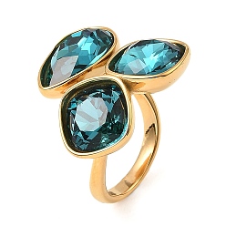 Dark Turquoise Teardrop & Square Glass Open Cuff Rings, Real 18K Gold Plated 304 Stainless Steel Ring, Dark Turquoise, US Size 7 1/4(17.5mm)