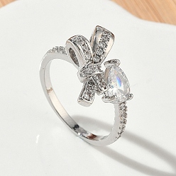 Платина Открытые кольца манжеты из латуни с микропаве и кубическим цирконием, бантом, без кадмия и без свинца, стойки покрытие, долговечный, платина, 13 мм, внутренний диаметр: 18 мм