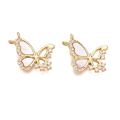 Настоящее золото 18K Латунь микропаве фианиты с подвесками-ракушками, без кадмия и без свинца, бабочки прелести, реальный 18 k позолоченный, 15x17.5x2.5 мм, отверстие : 1 мм