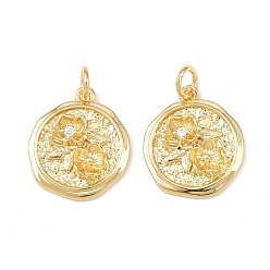Настоящее золото 18K Латунные микро проложить кубического циркония подвески, плоские круглые с цветком, без кадмия и без свинца, стойки покрытие, долговечный, с целью перехода в кольце, реальный 18 k позолоченный, 17x14.5x2.5 мм, отверстие : 3.4 мм