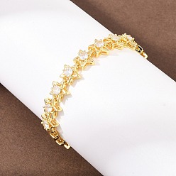 Настоящее золото 18K Браслеты из латуни с микропаве из прозрачных кубических цирконий и звеньями в форме звезды., сверкающие украшения для женщин, долговечный, стойки покрытие, без свинца и без кадмия, реальный 18 k позолоченный, 7.09 дюйм (18 см)