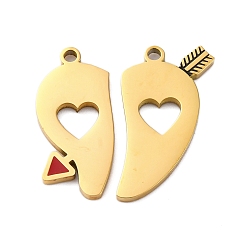 Золотой 304 из нержавеющей стали эмали сплит подвески, слева и справа, прелести для пар, сердце со стрелой, золотые, 22~24x12~14x2 мм, отверстие : 1.6 мм, 2 шт / комплект