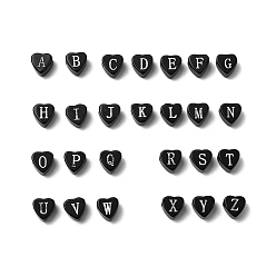 Letter A~Z Натуральный черный обсидиан бисер, сердце с письмом, Письмо ~ Z, 8~8.5x8~8.5x5 мм, отверстие : 1.4 мм