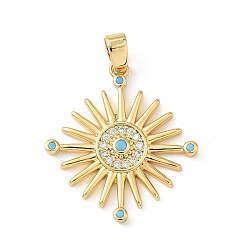 Настоящее золото 18K Латунные микро проложить кубического циркония подвески, солнечные чары, с синтетическими бирюзовый, реальный 18 k позолоченный, 27x24.5x3 мм, отверстие : 4.5x3 мм