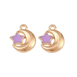 Lila Legierung mit Emaille-Anhängern, Mond mit Sternenzauber, Licht Gold, lila, 13.5x12x2 mm, Bohrung: 1.5 mm