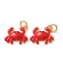 Red Brass with Enamel Charms, Crab Charms, Rack Plating, Long-Lasting Plated, Lead Free & Cadmium Free, Real 18K Gold Plated, Red, 12x14x3mm, Hole: 3mm