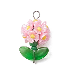 Бледно-Розовый Подвески-цветы из стеклянных бус, с фурнитурой из смолы и латуни, розовый жемчуг, 25x14x13 мм, отверстие : 3x2.5 мм