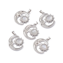 Rainbow Moonstone Подвески из натурального радужного лунного камня, луна очаровывает солнцем, с платиновой фурнитурой латунного цвета, 26.5~27x23~23.5x6 мм, отверстие : 4x3.5~4 мм