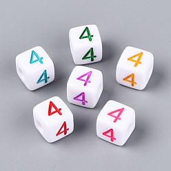 Number Непрозрачные акриловые европейские большие бусины, куб с числа 4, с эмалью, число, 9.5~10x9.5~10x9.5~10 мм, отверстие : 4 мм