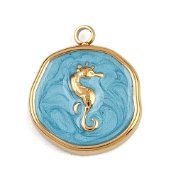 Темно-Голубой 304 нержавеющей стальной эмали подвески, ионное покрытие (ip), золотые, плоские круглые с морской конек, глубокое синее небо, 18x15.5x3 мм, отверстие : 1.8 мм