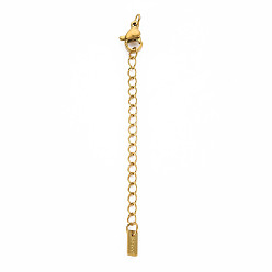 Golden 304 Stainless Steel Chain Extender, Cadmium Free & Nickel Free & Lead Free, with Clasps and Tiny Rectangle Charm, Golden, 50mm, Hole: 2.5mm