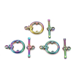 Rainbow Color Ion Plating(IP) 304 Stainless Steel Toggle Clasps, Ring, Rainbow Color, Ring: 20x15x2.5mm, Hole: 1.8mm, Bar: 22x8.5x2.2mm