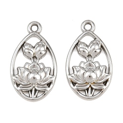 Stainless Steel Color 304 Stainless Steel Pendants, Teardrop with Lotus Charms, Stainless Steel Color, 27x15x3mm, Hole: 1.8mm