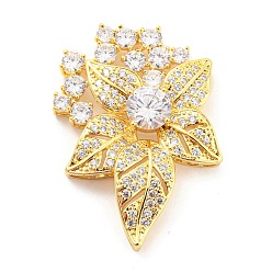 Real 18K Gold Plated Brass Pave Clear Cubic Zirconia Side Charms, Long-Lasting Plated, Cadmium Free & Lead Free, Leaf, Real 18K Gold Plated, 46x32.5x7.5mm, Hole: 3.5x1mm