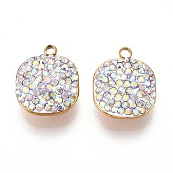 Прозрачный АВ Ионное покрытие (ip) 201 брелоки из нержавеющей стали, квадратный, с полимерной глиной горный хрусталь, реальный 18 k позолоченный, ясно AB, 13.5x11~11.5x5~6 мм, отверстие : 1.5~1.6 мм