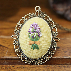 Светло-хаки Набор для изготовления ожерелья с цветочным кулоном для вышивки своими руками, включая цепочки из сплава и подвесные кабошоны, игла, хлопковая нить, пластиковые пяльцы для вышивания, светлый хаки, 460 мм