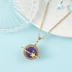 Amethyst Natural Amethyst Copper Wire Wrapped Planet Pendant Brass Cable Chain Necklaces for Women, Golden, 17.32 inch(44cm)