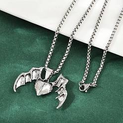 Античный Серебристый & Цвет Нержавеющей Стали Хеллоуин сплав сердце с крыльями летучей мыши кулон 201 нержавеющая сталь коробчатая цепь ожерелья для женщин мужчин, старинное серебро и цвет нержавеющей стали, 23.62 дюйм (60 см)