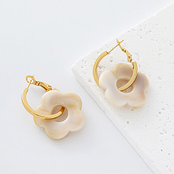 PapayaWhip 304 Stainless Steel Resin Hoop Dangle Earrings for Women, Flower, Golden, PapayaWhip, 23x25mm