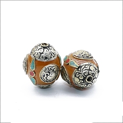 Red Brass with Handmade Indonesia Beads, Oval, Red, 33x25mm