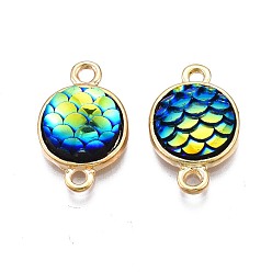Green Alloy Resin Links connectors, Flat Round with Mermaid Fish Scale Shaped, Light Gold, Green, 18.5x11x4.5mm, Hole: 1.8mm