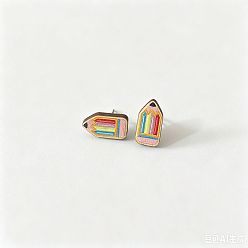 Pencil Back to School Printed Wood Stud Earrings for Women, Pencil, 14mm