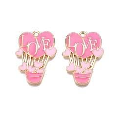 Ярко-Розовый Стойки обшивки сплава эмали подвески, без кадмия, без никеля и без свинца, золотой свет, воздушный шар в форме сердца с надписью «любовь», ярко-розовый, 30x21x2.5 мм, отверстие : 1.8 мм
