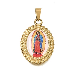 Golden Ion Plating(IP) Religion 304 Stainless Steel with Epoxy Resin Pendants, with 201 Stainless Steel Snap On Bails, Oval with Virgin Mary Charms, Colorful, Golden, 29~29.5x20.5~21x3.5mm, Hole: 6x3.5mm