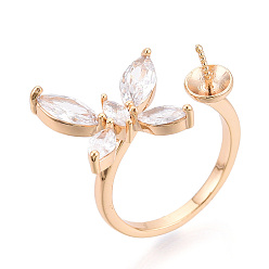 Настоящее золото 18K Кольцо-манжета в форме бабочки из латуни с микропаве из прозрачного кубического циркония для полупросверленных бусин, без кадмия, без никеля и без свинца, реальный 18 k позолоченный, штифты : 0.9 мм, 12.5~15 мм, внутренний диаметр: 16~17 мм